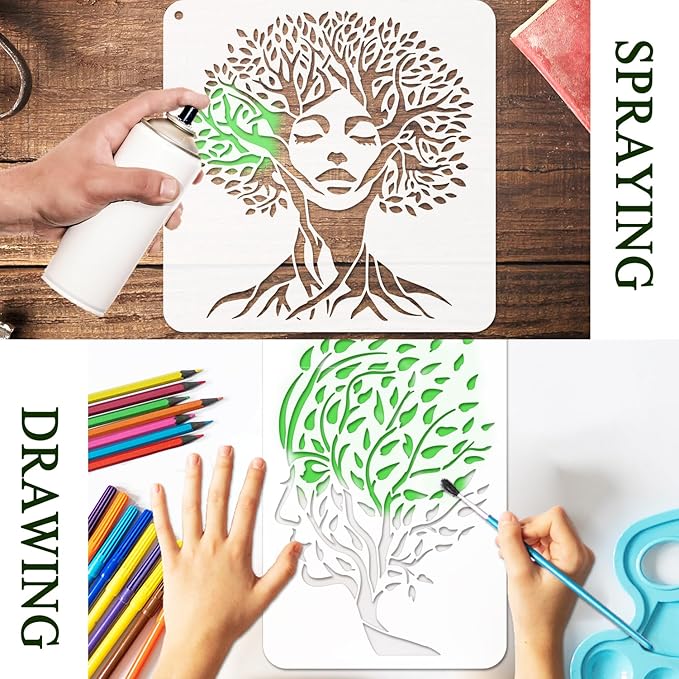16PCS Large Woman Tree Stencils for Painting on Walls 12 x 12 Inch Giant Wall Stencil with Brushes and Binder Ring Branches Rose Flower Plastic Art Drawing Templates for Home Wall Decor