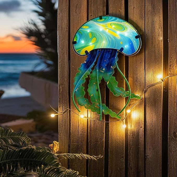 LIFFY Jellyfish Decor Ocean Nautical Beach Wall Decor Fish Wall Art Outdoor Indoor Hanging Jellyfish with LED Fairy Lights for Patio,Garden,Yard,Pool,Beach,Home Gift