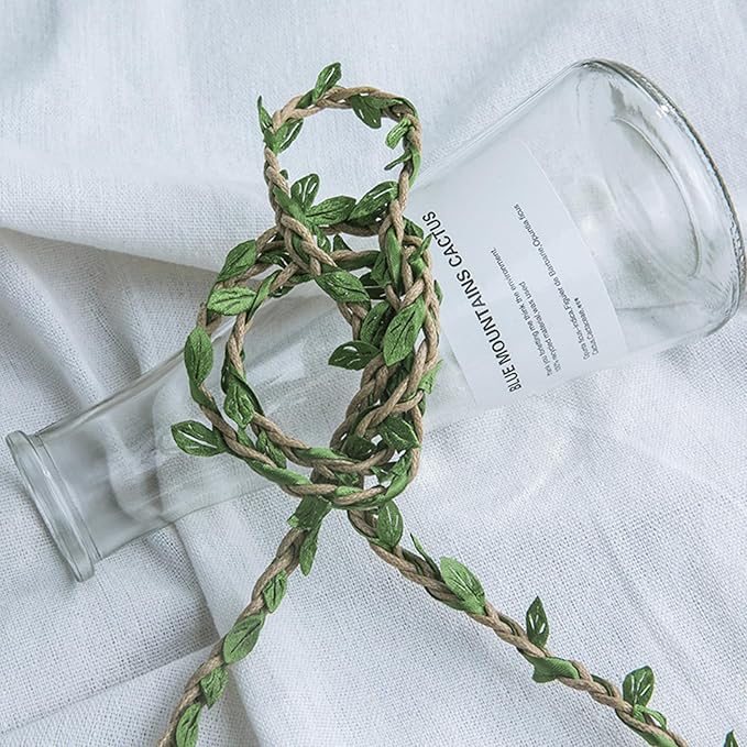 33ft Waxed Twine with Green Leaves, 3-ply Waxed Cord, Artificial Leaves Waxed String for Crafts and Decor (Natural Color Waxed Twine)