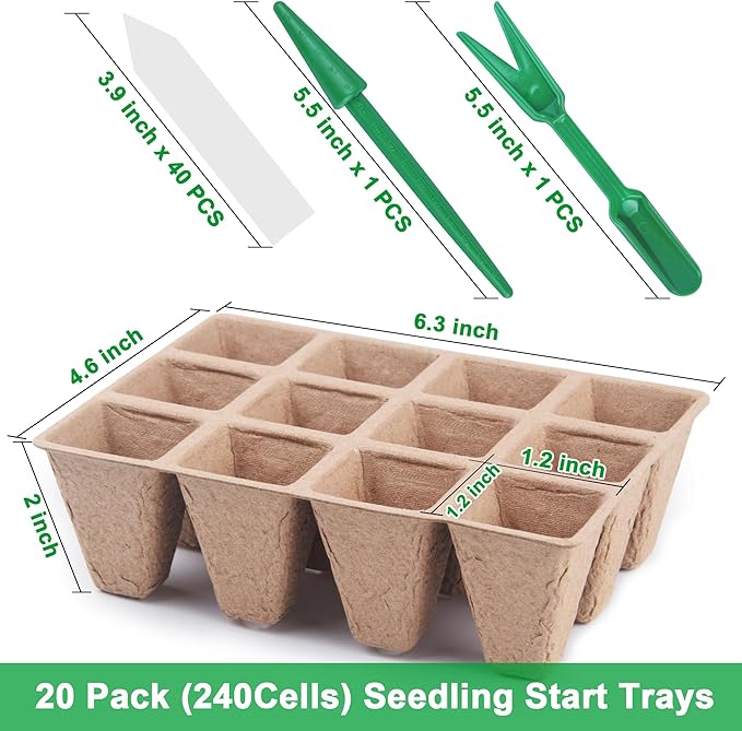 240 Cells Seed Starter Tray Kit, Biodegradable Peat Pots for Seedlings Trays, Plant Starter Seed Germination Kit with 40 Labels and 2 Transplant Tools (20, 240 Cells)