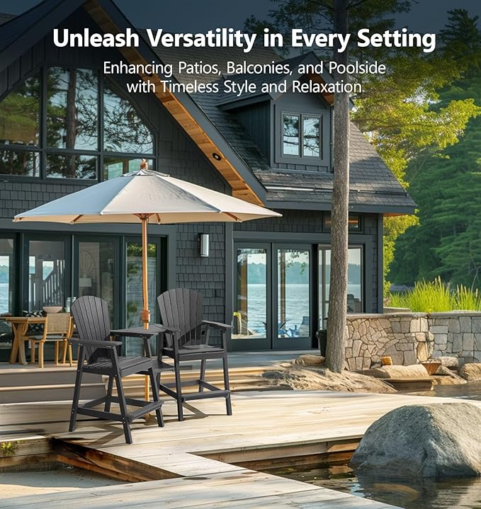 PASAMIC Tall Adirondack Chairs Set of 4, All-Weather HDPE Patio Chairs with Double Connecting Trays, Bar Height Heavy-Duty Outdoor Chairs for Garden, Backyard, Balcony, Dark Gray