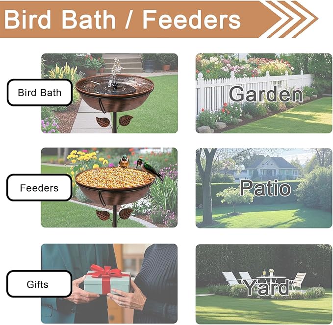 3" Deep Metal Bird Bath for Outdoors, Removable 13" Dia Bowl with Stable Upgrades Stake, Easy to Clean Birdbaths for Garden Yard Lawn Decor 1.4 Gallon (Pack of 2)