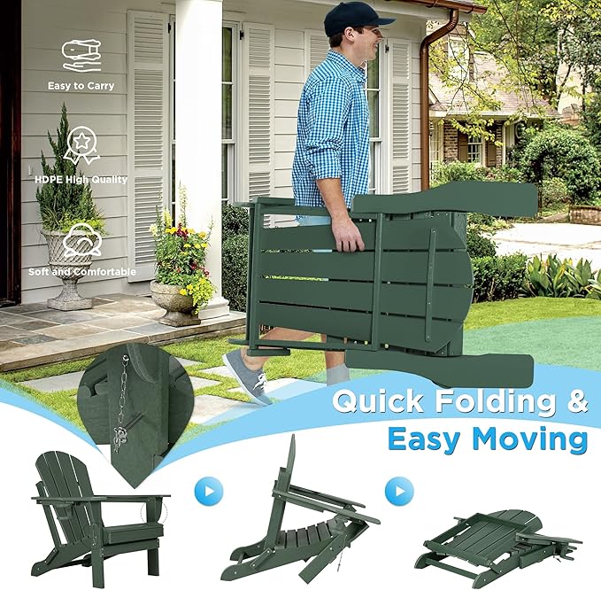 nalone Folding Adirondack Chairs Set of 2 with Cushion with Cup Holder, HDPE Plastic Oversized Patio Chair Weather Resistant, Used in Outdoor, Fire Pit, Deck, Garden, Campfire Chairs (Green)