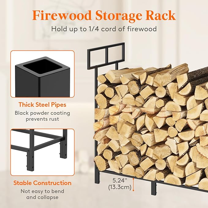 Lifewit 4 FT Firewood Rack Outdoor with Waterproof Cover, Indoor/Outdoor Wood Storage with Side Pocket, Heavy Duty Firewood Holder for Fireplace, Fire Pit, Black, 122 x 59 x 122 cm/48 x 23 x 48 inch