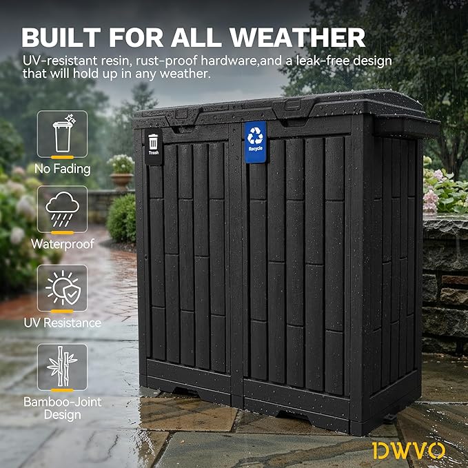 DWVO 76 Gallon Outdoor Trash Can, Dual-Compartment Resin Garbage Bin with Lid, Includes 2 Sorting Labels, Ash Holder, Stakes & Suction Cups, Hideaway Storage for Patio Backyard Garden, Black