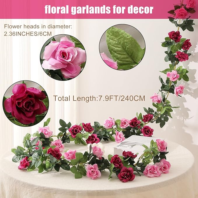 JUSTOYOU 2 Pack (15.8FT) Fake Rose Garland, Artificial Rose Vines Flowers Hanging Silk Rose Vine Wedding Home Backdrop Party Arch Arrangement Decoration