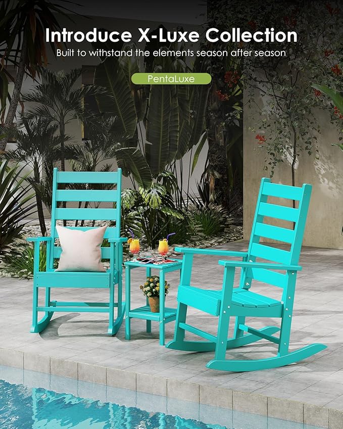 GREENVINES Outdoor-Rocking-Chair | HDPE Plastic | Patio Rockers | Porch Rocker Chairs | Shaker | Oversized | High Ladder Back | Big & Tall | PentaLuxe |Aqua