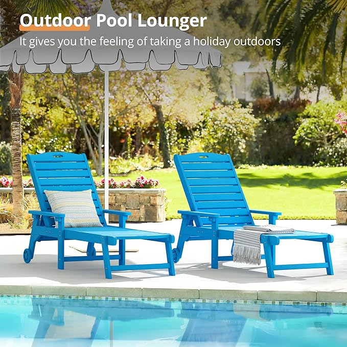 LUE BONA Outdoor Chaise Lounge, HDPS Chaise Lounger, 5 Positions Adjustable Lounge Chairs, Pool Lounge Chair with Wheels for Poolside, Backyard, Blue