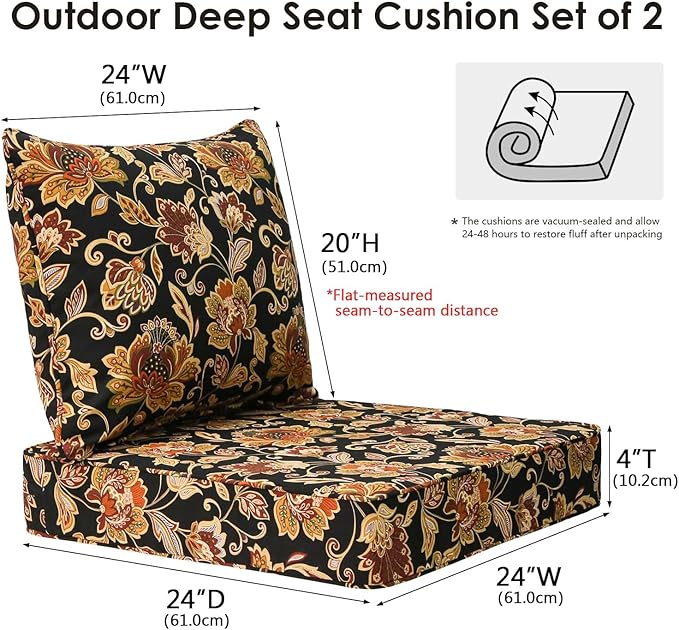 Outdoor Patio Chair Cushions Set, 24" x 24", Set of 2, Water-Repellent, Fade Resistant, Deep Seat Bottom and Back Cushion for Backyard, Couch, Sofa and Patio Furniture, Red Yellow Vine Flower