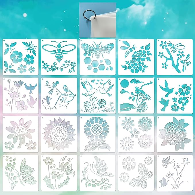20 pcs Flower Butterfly Stencils Reusable, 5x5 Spring Theme Stencils for Painting on Wood, Plastic Drawing Painting Spraying Template for Greeting Cards, Wall Window Door DIY Decoration (G-20PCS)