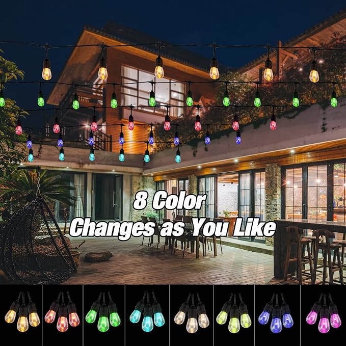 24FT Solar Outdoor String Lights, 12 Shatterproof Edison LED Bulbs, Dimmable RGB Color Changing Patio Lights Waterproof with Remote. for Patio Decor, Garden, Yard, Party, Bistro