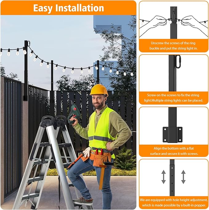 LETIANPAI 2.8Ft String Light Poles 10 Pack,Light Poles for Outside Lights,Outdoor with Fence Brackets Hanging Lights,Metal Stand Deck Patio Backyard