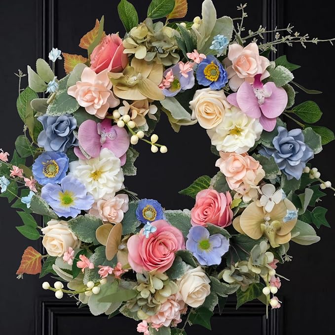 22" Artificial Flower Wreath, Colorful Spring/Summer Floral Wreaths with Roses Orchid Gardenia Hydrangea for Front Door Wall Window Holiday Festival Party Banquet Wedding Decor