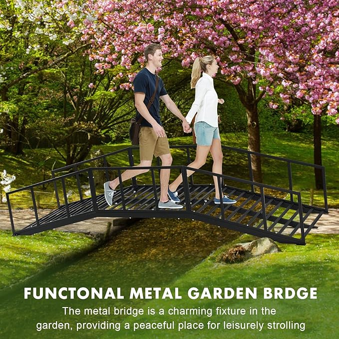 Metal Garden Bridge 8 FT with 4 Ground Stakes, 770 lbs Capacity Black Powder Coated Footbridge for Backyard, Lawn, Creek, Stream & Garden Decor