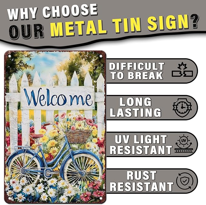 Spring Garden Vintage Tin Sign Bike Welcome Gardening Metal Sign for Home Garden Greenhouse Living Room Bedroom Outdoor Decor 8x12inch