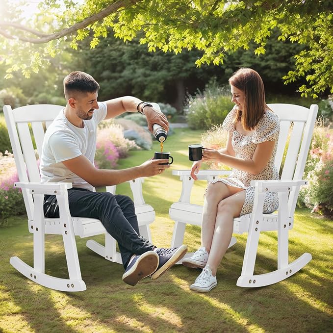 VINGLI Outdoor Rocking Chair, Heavy Duty 600 LBS Wooden Rocking Bench with Comfortable Backrest, Weatherproof Patio Rocker with Ergonomic Design, Wood Rocking Chair for Patio, Garden (White, 2 PCS)