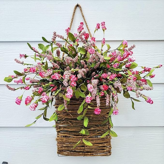 Cream Hydrangea Door Hanger Basket Wreath, 2025 Wildflowers Door Hanging Basket, Front Door Beautiful Artificial Spring and Summer Welcome Sign, Home Porch Farmhouse Decor (B)