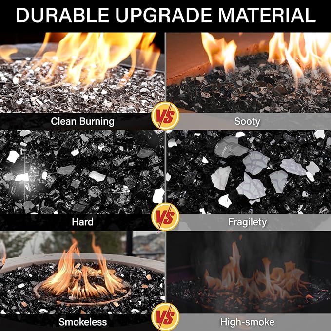 NUPICK 5 Pound Fire Glass, 1/4 Inch Reflective Fire Pit Glass, Tempered Firepit Glass Rock for Propane or Natural Gas, Glass Rocks for Fire Pit Table, Fireplace Glass for Landscaping, Black