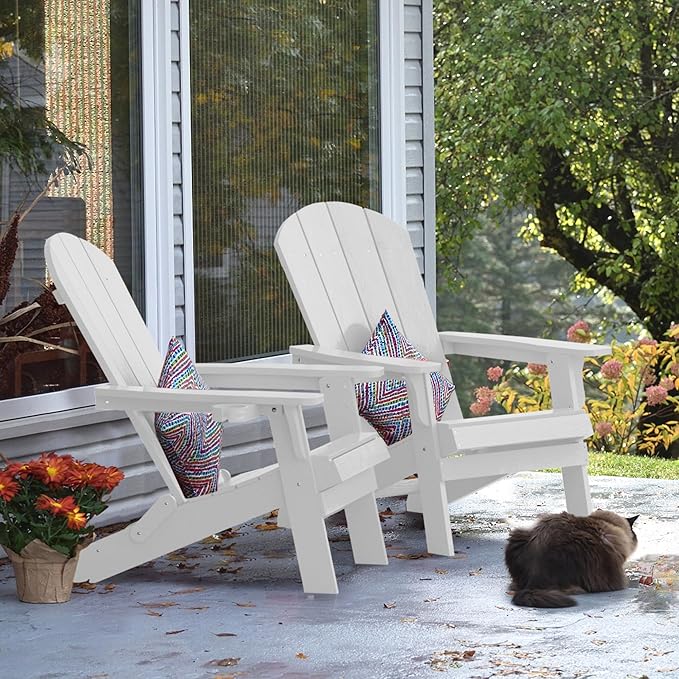 YEFU Adirondack Chair, Foldable Oversized Plastic Adirondack Chair Set of 4 with Cup Holder, Patio Chair with Weather Resistant for Outside Deck Lawn, Weight Capacity Up to 400 Lbs –White