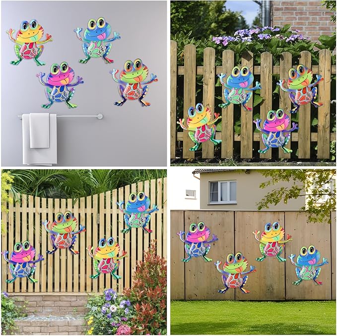 Junware Metal Frog Wall Decor, 4Pcs Frog Iron Wall Art Sculptures Art Frogs Wall Hanging Sculpture Decoration. Outdoor Fence Art for Home Garden, Fence, Patio, Yard, Bedroom Outside Gifts for Adults