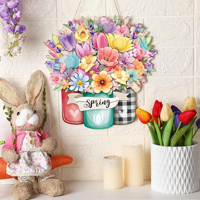 Juexica Spring Front Door Sign - Wooden Decorative Signage, 12 x 12 inches, Delicate Flower Design, Rustic Welcome for Porch Wall Pediments