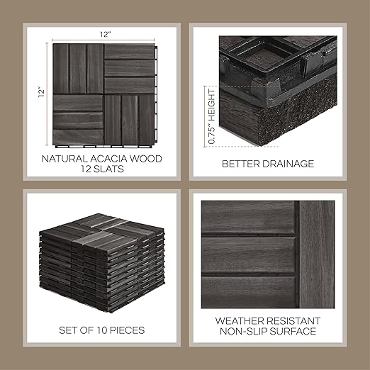 10 Pcs Deck Tiles, Patio Flooring - Outdoor Waterproof Acacia Wood Tiles for All Weather Use - Balcony, Backyard, Indoor & Outdoor (Black Crossed Pattern, 10 Square Ft)
