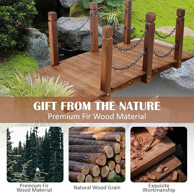 5 FT & 3.3 FT Wooden Garden Bridge, Stained Wood Arc Footbridge with Chain or Half-Wheel Railings for Backyard Pond, Creek, Farmhouse Landscape Decor, Easy Assembly (Brown-5 FT)