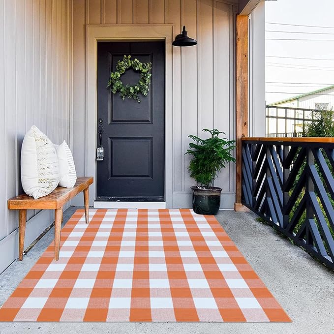 MUBIN Cotton Orange and White Plaid Rug, 4'x6' Fall Outdoor Front Door Decorative Mat, Hand-Woven Rug for Layered Door Mats Washable Carpet for Porch, Entryway, Farmhouse, Autumn, Halloween