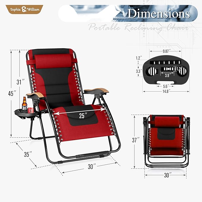Sophia & William Oversized XXL Zero Gravity Chair, Padded Recliner Outdoor Gravity Chair with Free Cup Holder, Supports 400 LBS (Red)