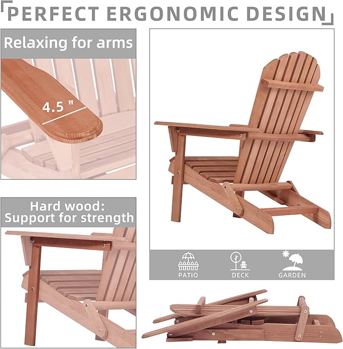 SoliWood Outdoor Wooden Folding Adirondack Chair Set of 4 with Pre-Assembled BackRest, Wood Patio Chair for Garden Backyard Porch Pool Deck Firepit