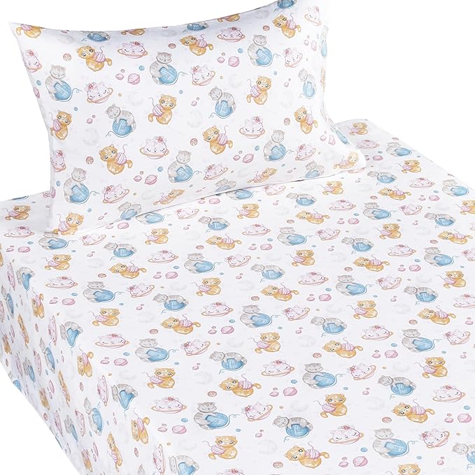 Scientific Sleep Space Cats Planet Kitty Cute Fun 100% Cotton Cozy Twin Bed Sheet Set, Flat Sheet & Fitted Sheet & Pillowcase Natural Bedding Set (Planet Cat, Twin)