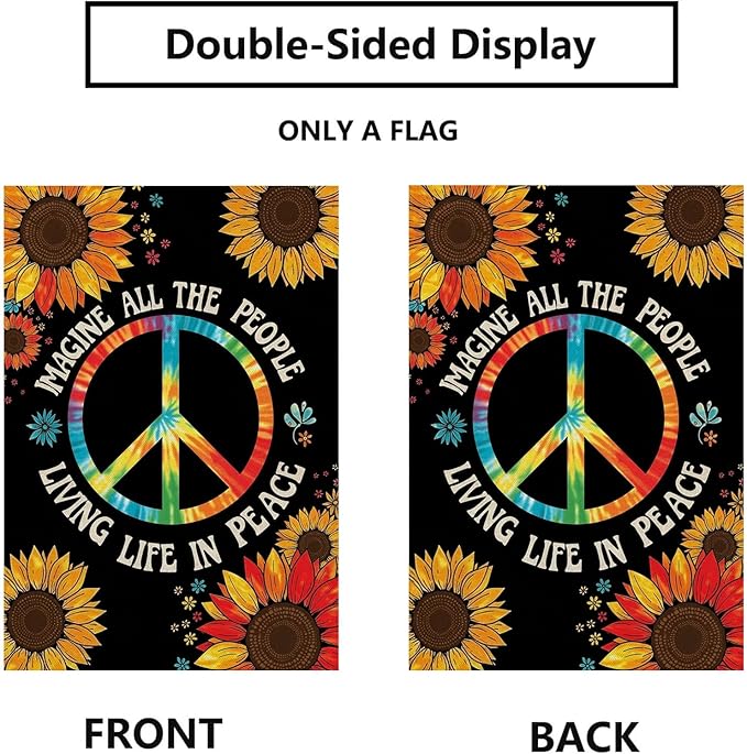 Peace Sign Garden Flag 12x18 Inch Vertical Double Sided Rainbow Sunflower Imagine All The People Living Life in Peace Motivational for Outdoor Yard Lawn Decorations