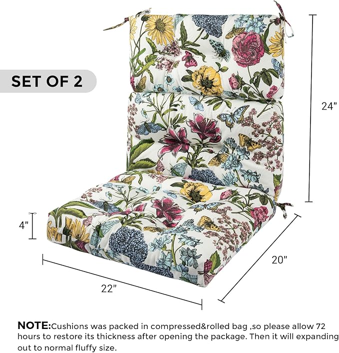 FUNHOME Outdoor High Back Chair Cushions Set of 2,Reversible Lawn Chair Cushion 44 x22 inch,Water Resistant Tufted Adirondack Chair Cushion,for Garden Rocking Chair,Patio Furniture(Butterfly Flower)