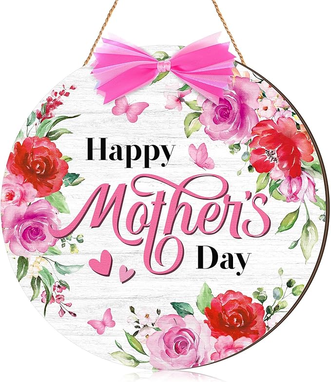 Boao Happy Mother's Day Wooden Door Hanging Sign Pink Welcome Farmhouse Door Decor Vintage Mother's Day Wood Rose Bow Gift Sign Rustic Wall Plaque Ornaments for Window Wall Porch