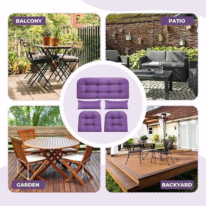 Wicker Chair Cushions of 5 Pieces, Waterproof Outdoor Loveseat Cushion for Wicker Furniture, 1 Love Seat Cushion, 2 U-Shape and 2 Lumbar Pillows for Patio Furniture (Purple)