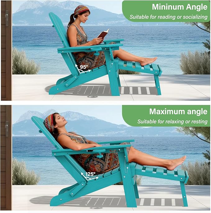 LOUNZY Folding Adjustable Adirondack Chair with Retractable Ottoman, HDPE Recliner Adirondack Chair with Cup Holder for Deck Lawn Fire Pit, Aruba