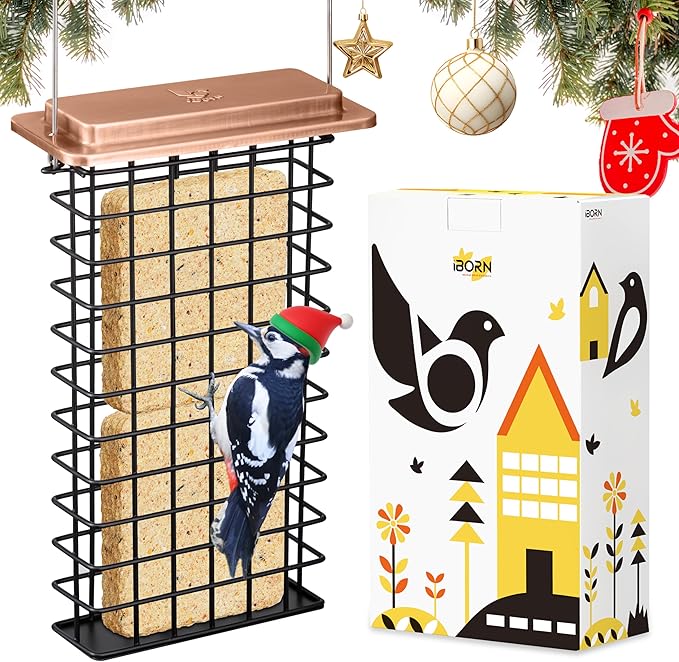 iBorn Metal Double Suet Feeder,Durable Suet Cake Cage Bird Feeder for Outdoors Hanging，Metal Roof Bird Feeder with Taller Grid for Woodpeckers,Large Suet Holder,Easy Clean & Refill,1 Pack,Copper