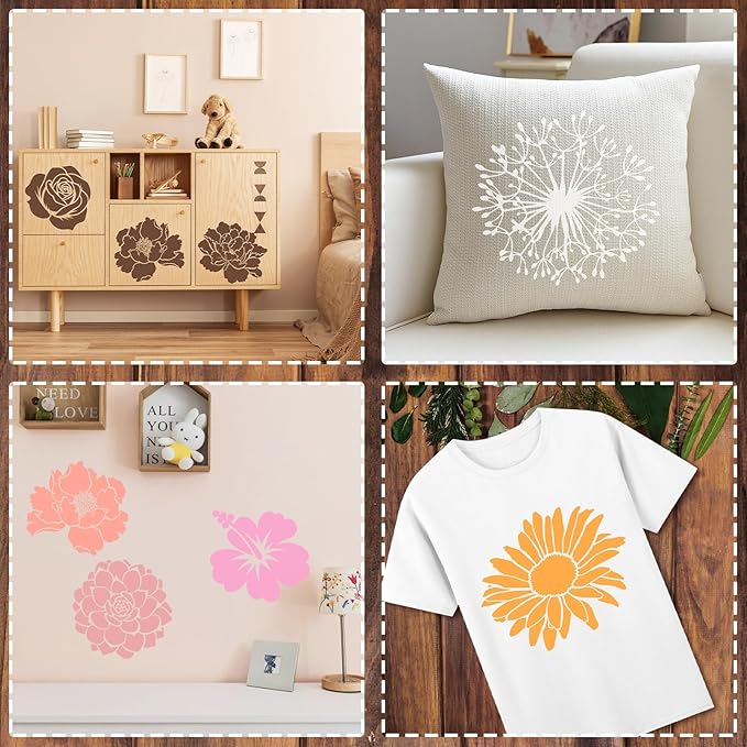 9 Pcs Large Flower Stencils for Painting Reusable Floral Crafts Stencils Set for DIY Drawing, Walls, Wood Signs, Window, Garden Fence Furniture