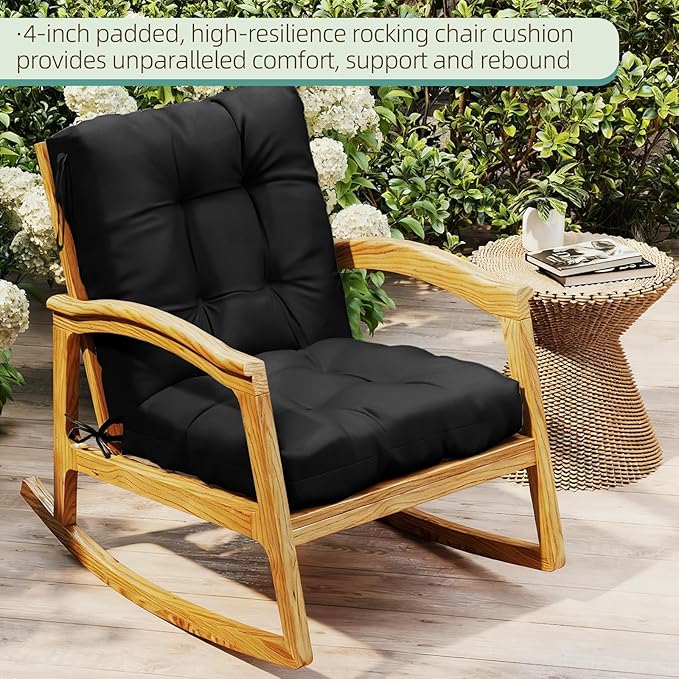 Outdoor Chair Cushions Set of 2, 42x21x4 Inch Patio Cushion for Dining/Rocking Chairs, High Back Soft Seat Pad with Ties, Indoor Outside Use, Fade-Resistant & Waterproof, Black