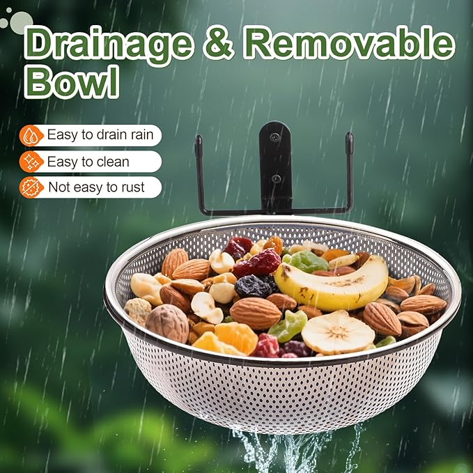 Squirrel Feeder Bowl (2L) Trees or Fences Mounted, Removable Squirrel Feeder with 2 Squirrel Corn Cob Spikes, Outdoor 8.8" Stainless Steel Feed Bowl with Drainage Holes, Easy to Clean/Refill(Black)