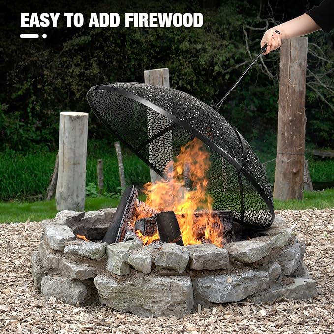 REDCAMP 30Inch Fire Pit Spark Screen, Collapsible Fire Pit Screen Round with Handle, Heavy Duty Iron Fire Pit Cover Mesh Round Replacement Firepit Screens Easy Opening for Outdoor Patio Backyard