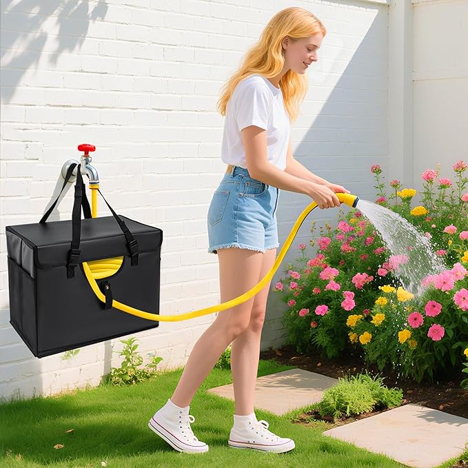 Expandable Garden Hose Holder, Water Hose Organizer, Heavy Duty Self Draining Hose Storage Container, Outdoor Sprinkler Storage Bag for Garden Tools