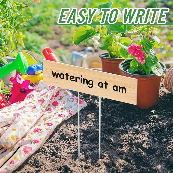 10 Set Jumbo Outdoor Plant Label Stakes Waterproof Nursery Garden Markers Plastic T Type Plant Tag Identification Stake with Marker Pen for Herb Vegetable Flowers, 12" High(Wood Color)