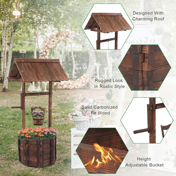VINGLI Wooden Wishing Well and Garden Bridge Bundle for Outdoor Rustic Wedding Garden Decor Country Theme Style, Ornamental Landscaping Art Project Barrel Planter and Wooden Bridge Set for Backyard