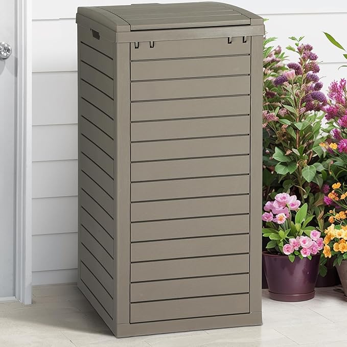 DWVO 38 Gallon Outdoor Trash Can with Lid & Drip Tray, Waterproof Hideaway Garbage Bin, Waste Container for Patio, Backyard, Deck, Garden, Easy Assembly & Clean (Taupe)