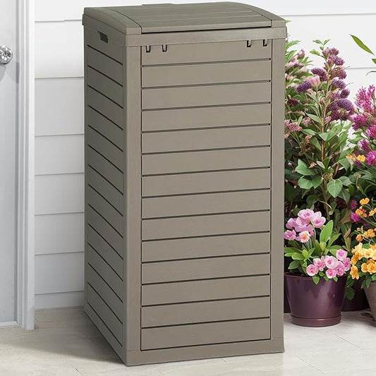 DWVO 38 Gallon Outdoor Trash Can with Lid & Drip Tray, Waterproof Hideaway Garbage Bin, Waste Container for Patio, Backyard, Deck, Garden, Easy Assembly & Clean (Taupe)