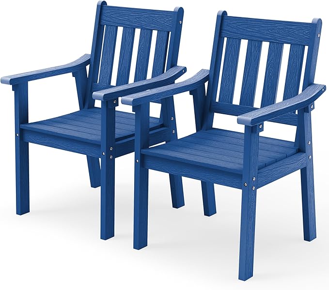 YEFU Outdoor Patio Chairs Set of 2: All Weather Outdoor Dining Chairs with Wide Curved Seat and Backrest - Plastic Patio Chairs for Outside Backyard/Garden/Pool/Porch/Deck 350lbs Capacity Blue