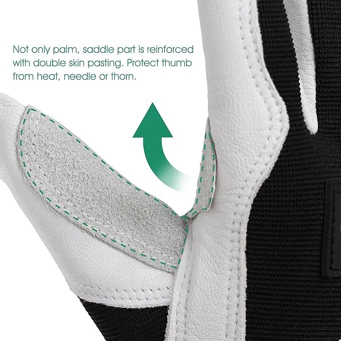 COOLJOB Leather Work Gloves with Grip, Thorn Proof, Heat Puncture Resistant Gloves for Gardening Welding Landscaping, White