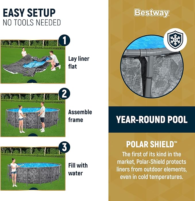 Bestway APX 365 16' x 48" Above Ground Pool, Round Metal Frame Outdoor Swimming Pool Set with Sand Filter Pump, Ladder, and Cover, Dark Marble