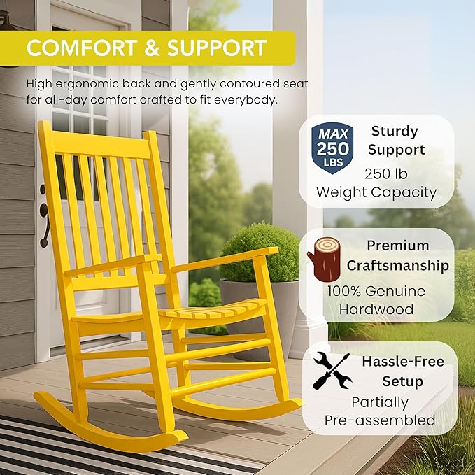 Shine Company Vermont Porch Rocker, High Back Wood Rocking Chair, Lemon